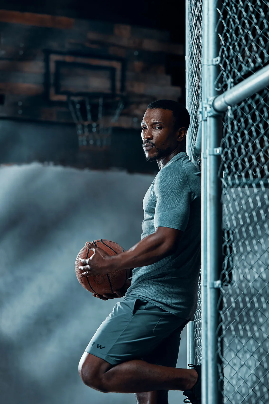 Men's gym photoshoot outfit - fitted t-shirt and shorts