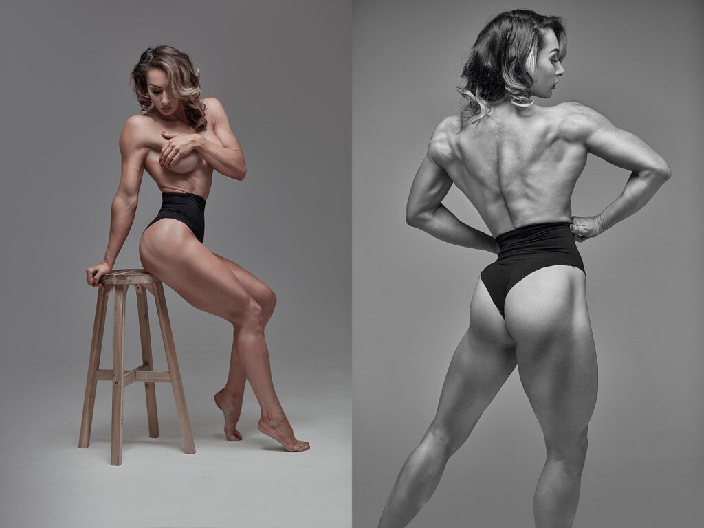 A bodybuilder practicing posing techniques under the guidance of Emma Hyndman, showcasing skill and precision in preparation for competition.